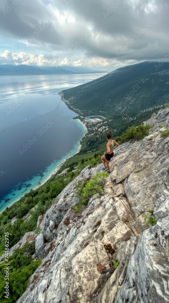 woman standing on a cliff looking at the sea