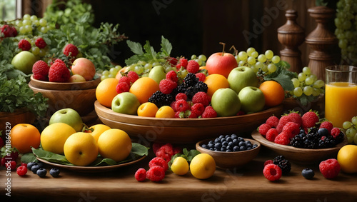  Different types of fruits on a wooden table. Big bunch of oranges, lemons, apples, grapes, plums, strawberries, raspberries and blueberries. View from above, studio light