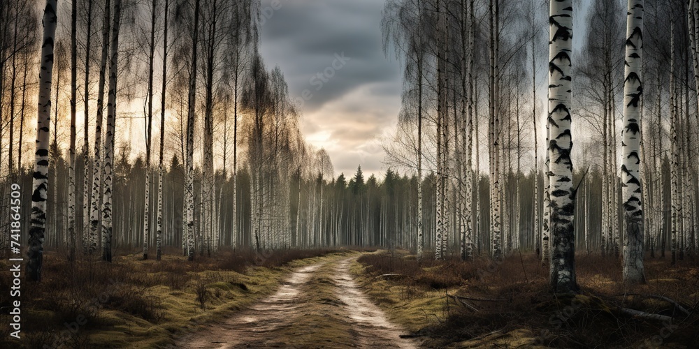 Misty fog magic forest in dark mood. Spooky scary fantasy style landscape background scene Misty fog magic forest in dark mood. Spooky scary fantasy style landscape background scene