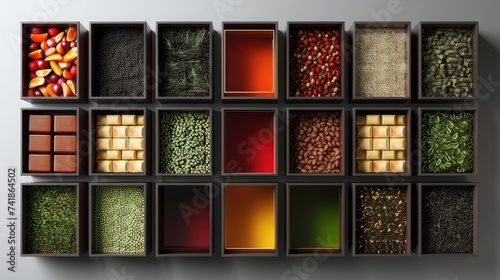 an assortment of black, green and fruit teas in boxes are arranged in a visually appealing manner. A dynamic composition reflecting the diversity of tea.