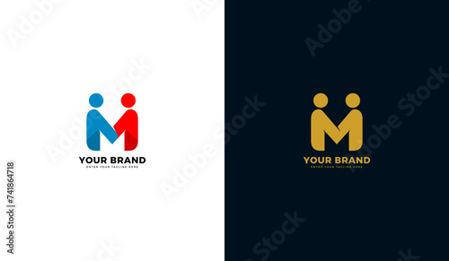 Letter m collaboration logo. Human illustration design, handshake, friendship icon, business. Graphic design vector photo