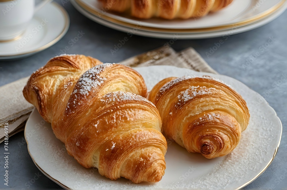 Two delicious fresh croissants on a white plate. Morning French breakfast with fresh pastries. Generative AI