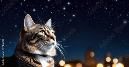 Cat against the background of the starry sky. Picture for banner © Anton