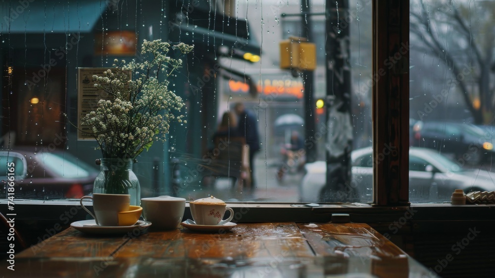 Rainy Day Window Reflection - A contemplative view through a rain-drenched window, reflecting on the quiet moments of Coffee Shop at a rainy day