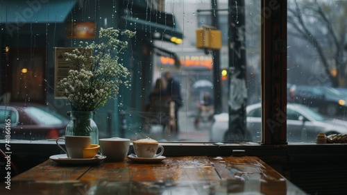 Rainy Day Window Reflection - A contemplative view through a rain-drenched window  reflecting on the quiet moments of Coffee Shop at a rainy day