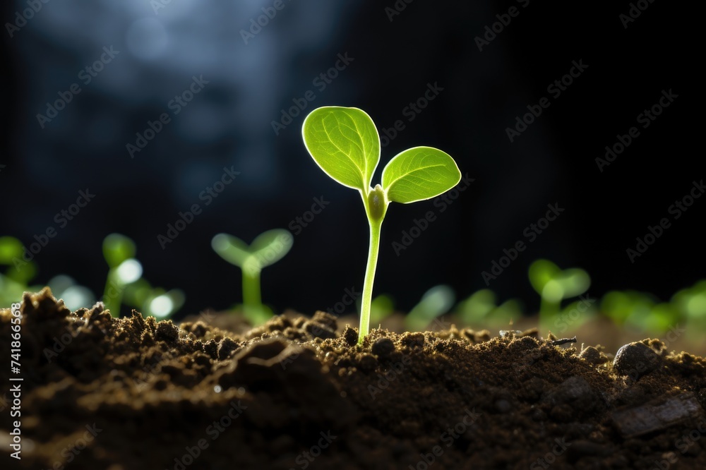 Fototapeta premium Germinating Green Bean Sprout on Bright Background. Small and Young Plant with Vibrant Botanical
