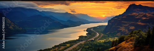 Gold and Beauty at Columbia River Gorge, an American Icon of Scenic Environment at Evening