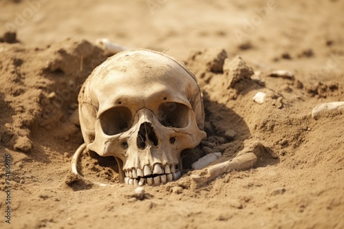 Excavated Human Bones Resting in Sand. Old Skeleton of Human Skull and Bones on Ground 
