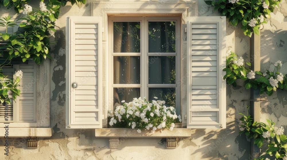 Surround windows and shutters with flowers or other props that create a sense of place and atmosphere. Props that complement the vintage aesthetic.