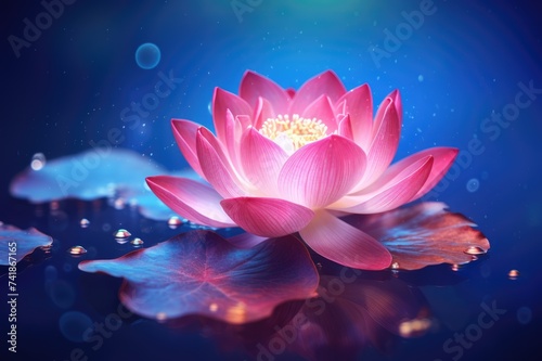 Glistening Pink Lotus Flower on Blue Background. Zen Concept of a Fairy Water Lily Nenuphar.