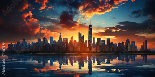 The golden rays of sunset permeate the city silhouette line, creating an atmosphere of magic an