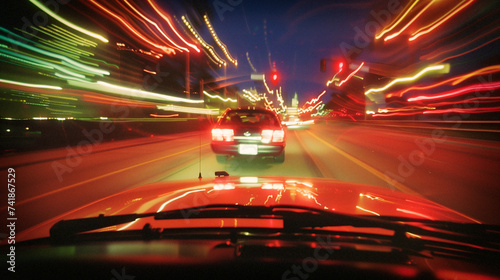 a police car on a high speed chase with it's lights on at night