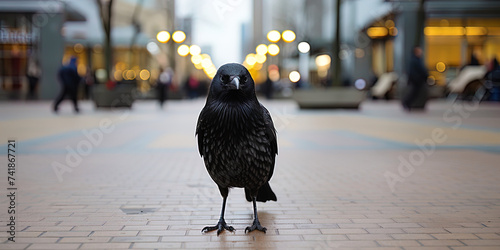 The majestic crow, sitting on the asphalt in the darkness of the night, like a dark angel guardin photo