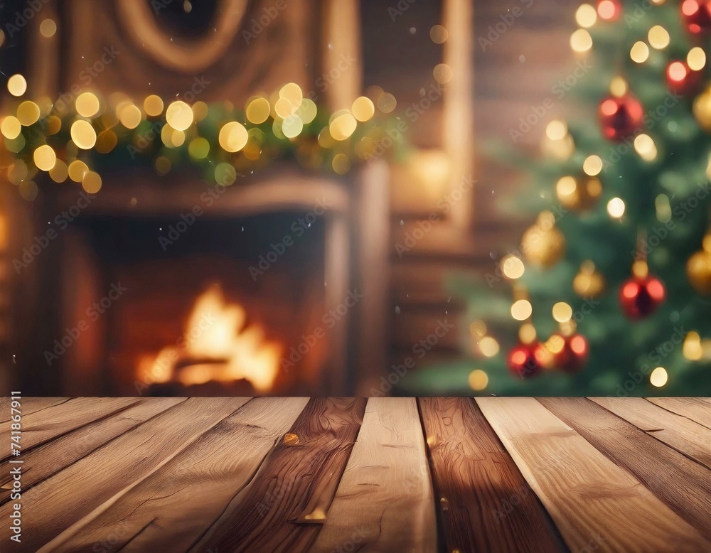 Wood table with blurry christmas tree and fireplace background with copy space.
