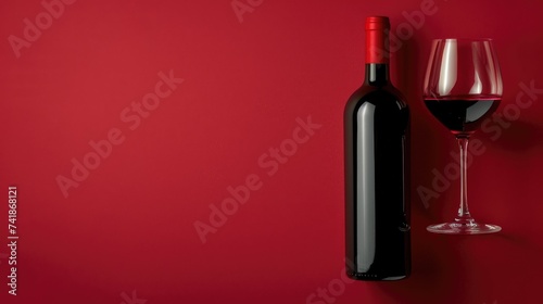 bottle and glass of red wine isolated on dark red background. Copy space for your text