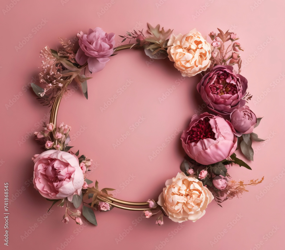 Frame with space for your own content in the middle, decorated with Colorful flowers around, pink background. World Women's Day. Frame with space for your own content in the middle, decorated with Colorful flowers around, pink background. World Women's Day.
