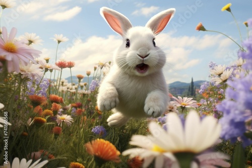 Playful bunny hopping through a lush field. Generative ai