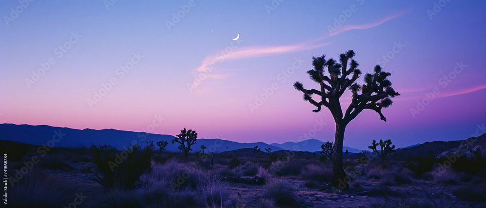 A cactus tree stands against a purple sky during dusk in the natural landscape - obrazy, fototapety, plakaty 