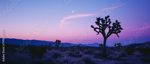 A cactus tree stands against a purple sky during dusk in the natural landscape © Kseniya