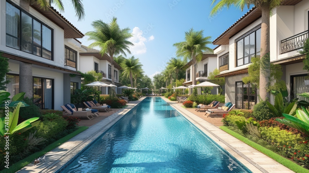 Fototapeta premium An inspiring concept for a modern house with swimming pool, ideal for business rentals, sales and advertising showcasing luxury and modern properties