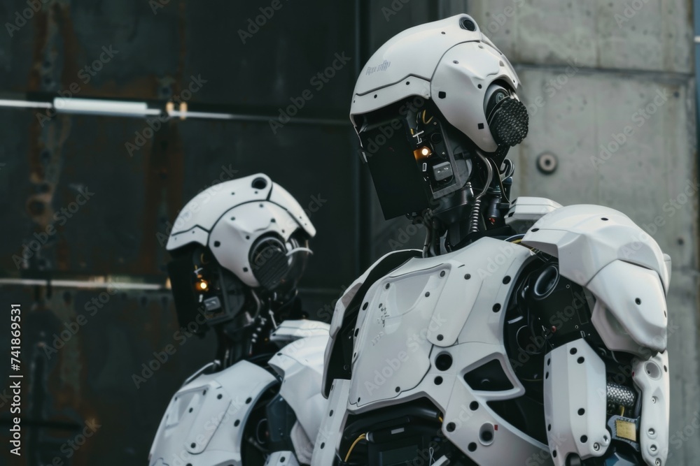 Fototapeta premium Humanoid Robot Interaction - Humanoid robots poised for interaction in a high-tech facility, signifying the rise of automation