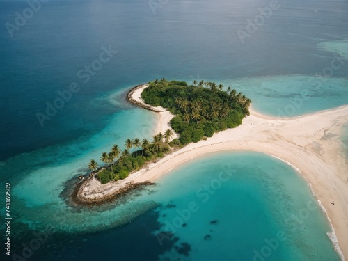 Aerial view of a small tropical island with palm trees and a sandy beach. Sandy beach and lush palms from the sky
