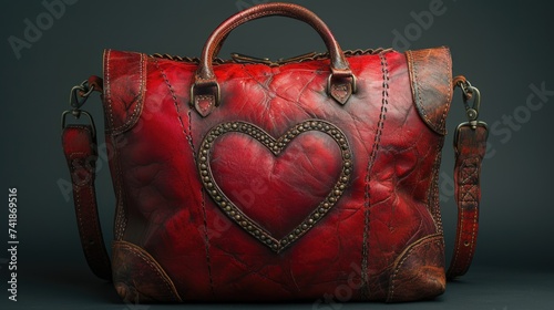Large handmade red leather women's bag with heart-shaped iron stud decoration on a dark isolated background, which can be hung on the shoulder. photo