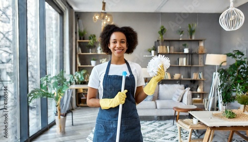 cleaner lady holding mop and smiling while working in modern apartment photo