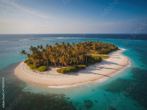 Aerial view of a small tropical island with palm trees and a sandy beach. Island oasis with sandy shores and palm trees