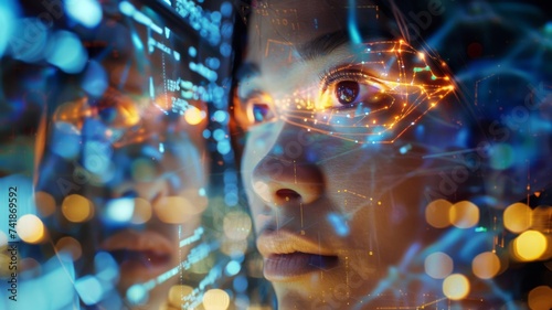 Visionary Technology Interface - A close-up of a woman's face with digital interface elements, symbolizing the integration of advanced technology with human senses. © Tida