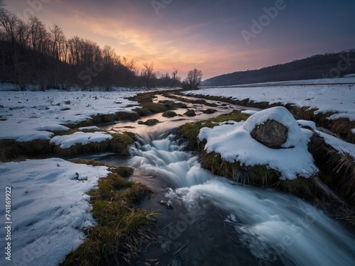 Atmospheric spring landscape with melting snow - Snow melts in the forest. Thawing snow in woodland scenery