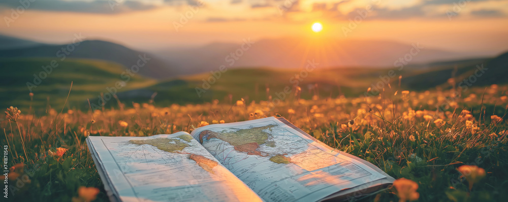 Open Map on Mountain Meadow at Sunset.
Traveler's map open on a grassy mountain field during a tranquil sunset. - obrazy, fototapety, plakaty 