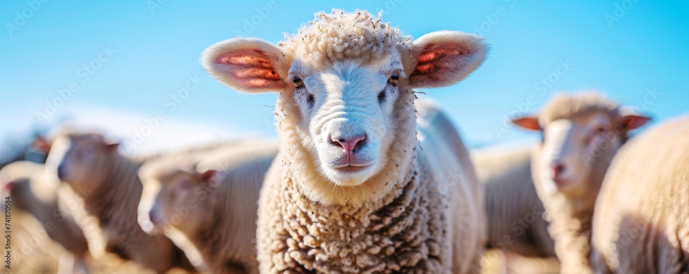 Obraz premium Curious Sheep Looking at Camera in Pasture. Portrait of a friendly sheep in a flock grazing in a sunny pasture.