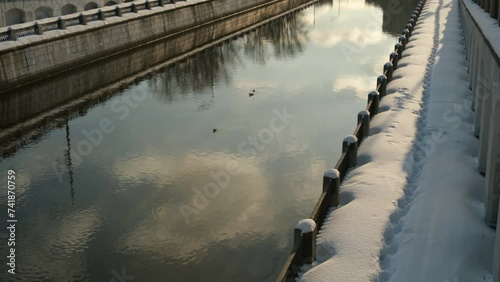 Close up scenic landscape view, winter time snow covered Yauza River in Moscow
 photo