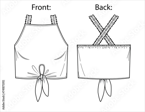 Vector woman halter neck blouse sketch, sleeveless tee fashion CAD, summer crop top technical drawing, female flat, template. Jersey or woven fabric tank top with front, back view, white color