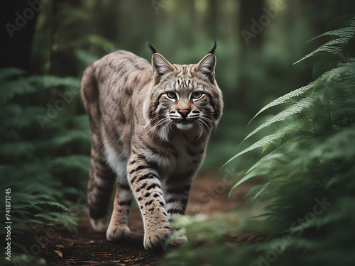 Bobcat  Eurasian lynx walking through forest. Endangered species. Majestic wildlife. 