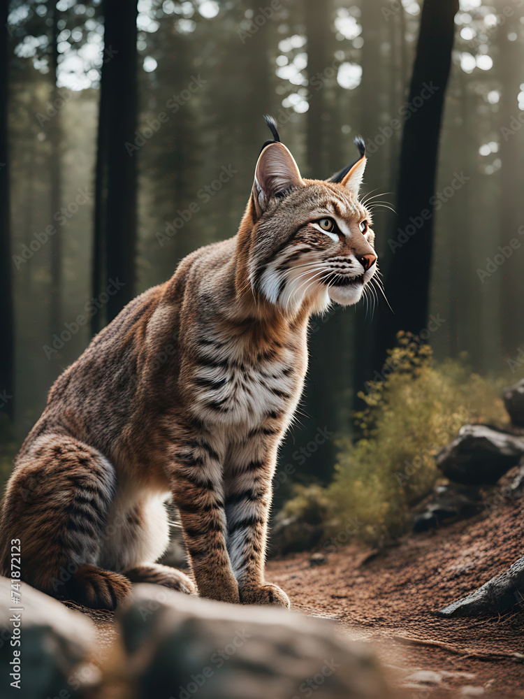 Fototapeta premium Bobcat, Eurasian lynx walking through forest. Endangered species. Majestic wildlife. 