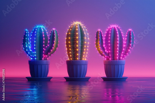 cactus, neon cactus, cyberpunk cactus, cactus in the desert, Vibrant desert cacti illuminated in a neon glow, cactus in the dark