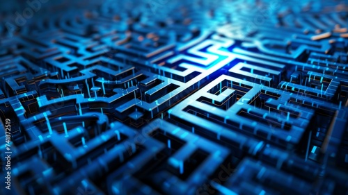 Complex Digital Maze Structure - An intricate maze of glowing blue pathways evokes the challenges of digital navigation and complex problem-solving photo