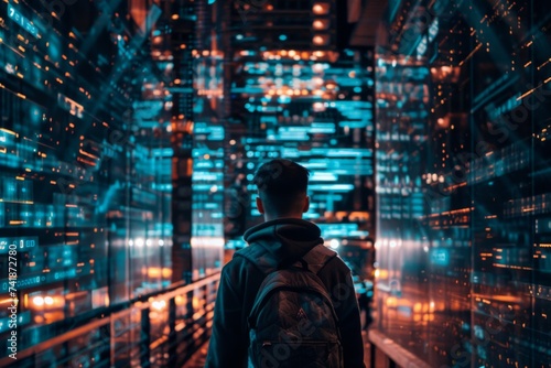 Futuristic Data Center Explorer - A person amidst servers and data racks, depicting exploration in the age of big data and cloud computing