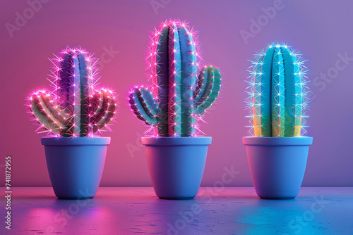 cactus, neon cactus, cyberpunk cactus, cactus in the desert, Vibrant desert cacti illuminated in a neon glow, cactus in the dark