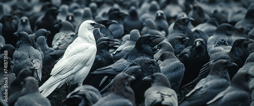 white crow among a flock of black crows. concept of individuality and special skills among others. photo
