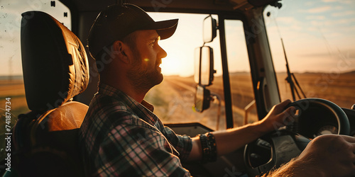 man farmer driving in tractor cabin, cultivating field photo