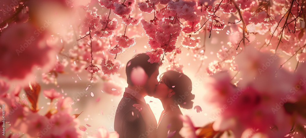 Underneath a canopy of cherry blossoms in full bloom, a couple shares a tender kiss surrounded by the delicate petals raining down around them - obrazy, fototapety, plakaty 