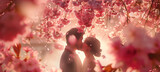 Underneath a canopy of cherry blossoms in full bloom, a couple shares a tender kiss surrounded by the delicate petals raining down around them