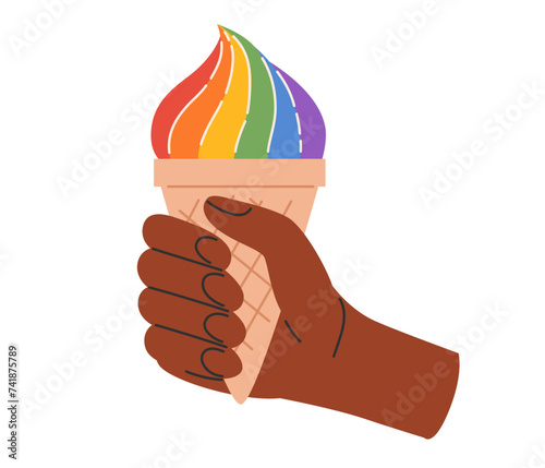 LGBT concept. Hand holding rainbow ice cream. LGBTQ pride community. Vector illustration in hand drawn style 