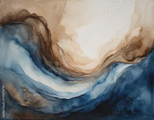 abstract painting of blues, grays, and tans, in the style of flowing fabrics, atmospheric watercolours, dark sky-blue and brown, ephemeral installations, swirling vortexes, realistic watercolors, smok