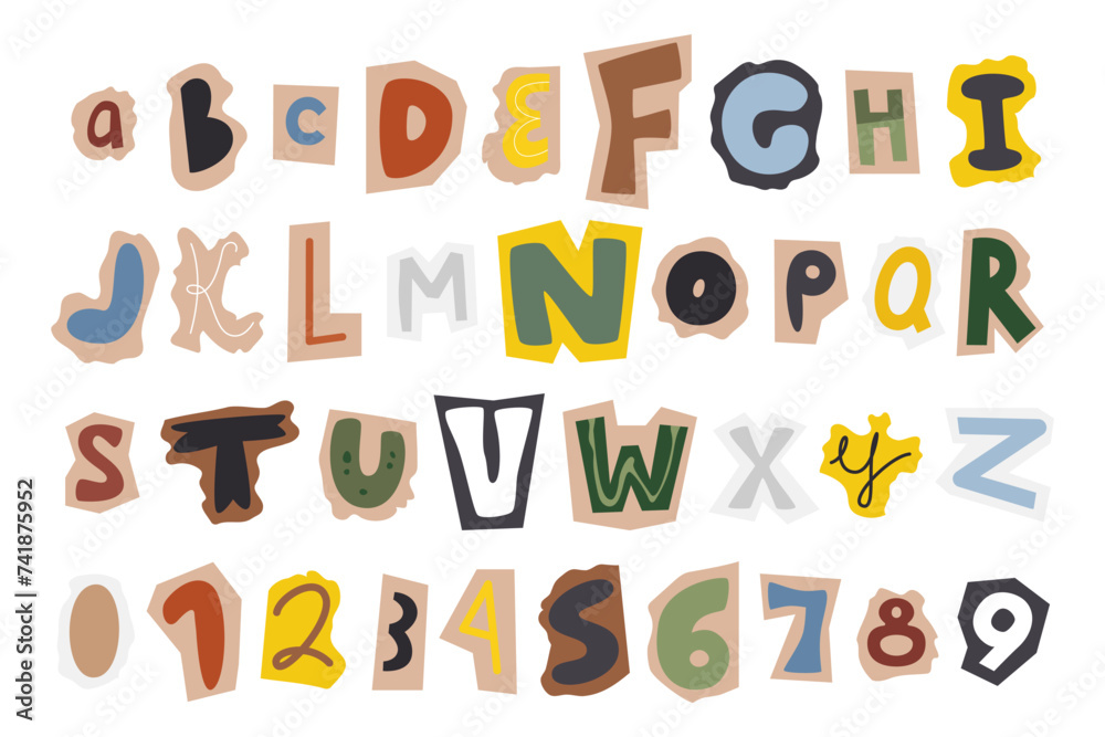 Old cut-out font for craft leisure. Retro alphabet collection for scrapbooking and collage. Typography and numbers concept design. Anonymous ABC mixed set. Vibrant hand drawn flat vector illustration