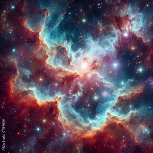 Celestial backdrop with a nebula and starfield. Illustration crafted from a composition of imagery captured by the Hubble Space Telescope.