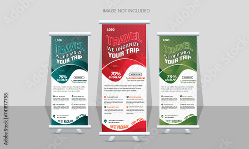 Travel vacation roll-up banner design or pull-up banner template for travel agency, marketing, display, x-banner, flag-banner, infographics, and presentation. roll up banner Vector (ID: 741877758)